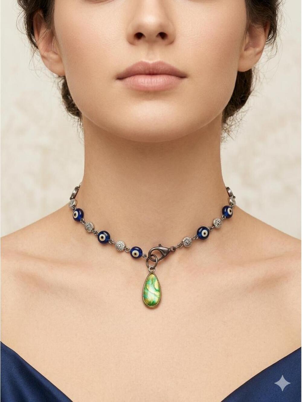 Vintage Evil Eye Beaded Choker Necklace with Green Glass Teardrop Pendant